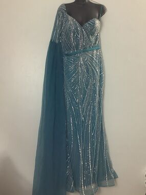 One-Shoulder Teal Sequin Evening Gown with Draped Tulle Sash